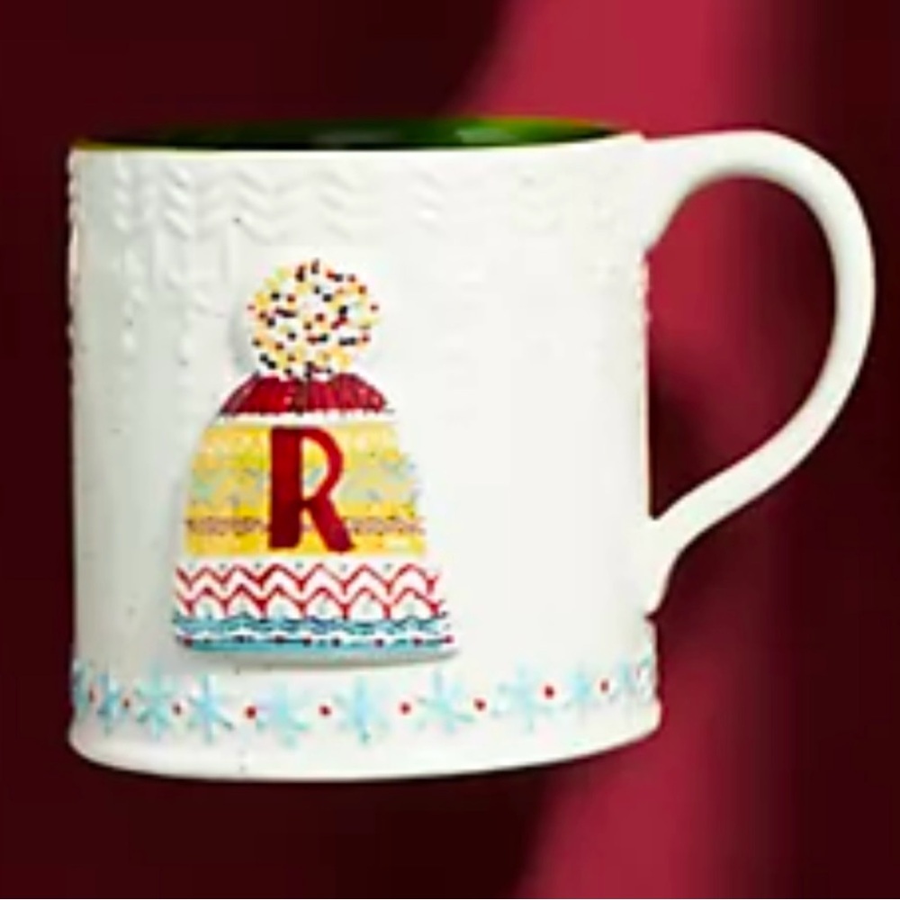 Anthropologie Bundled Up Monogram Coffee/Tea Mug/Cup Initial “R” Green Interior